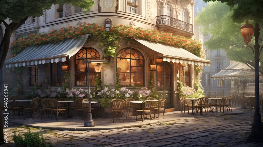 a charming, European-style cafe exterior