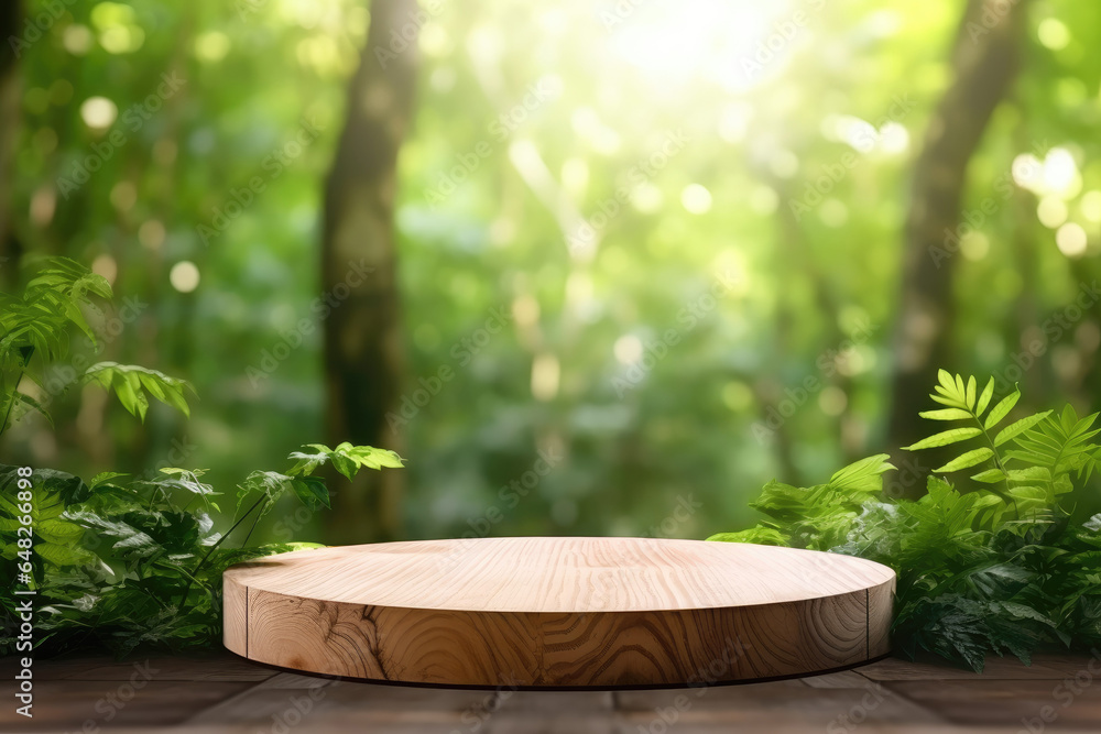 Circular wooden empty podium for presentation or advertising. Natural green background with green leaves Circular wooden empty podium for presentation or advertising. Natural green background with green leaves