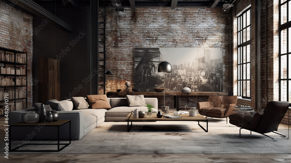 View of Industrial interior design, Monochromatic palettes of greys, iron black ...