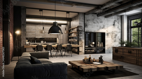 Industrial interior design, Monochromatic palettes of greys, iron black, and white, raw and rough materials with modern elements. This design blend of both old and new, recycled and repurposed materia © GustavsMD