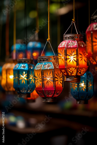 Brightly colored handmade paper lanterns adding charm to a spirited Diwali celebration  © fotogurmespb