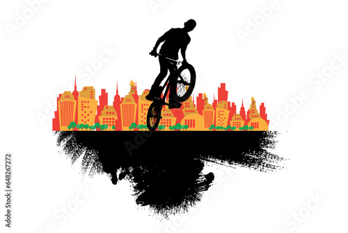 Active man. BMX rider in abstract sport landscape background, vector.