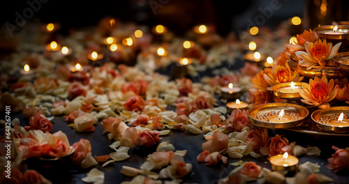 Elegant floral decorations enriching the sacred ambiance during Diwali puja ceremonies 
