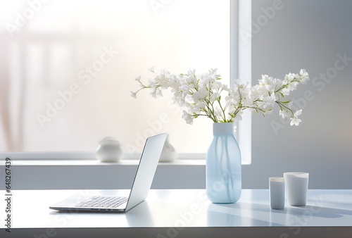 Wallpaper Mural Laptop and vase with white flowers on the table. 3d rendering Torontodigital.ca