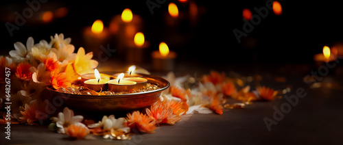 Floral decorations used in Diwali puja ceremonies background with empty space for text 