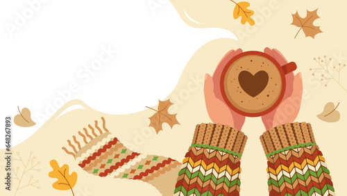 Hands in a sweater holding a cup of coffee.Cozy autumn.Autumn banner with copy space.Vector stock illustration.