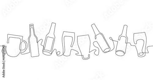 Horizontal seamless pattern with beer bottles and glasses isolated on white background. Vector illustration.