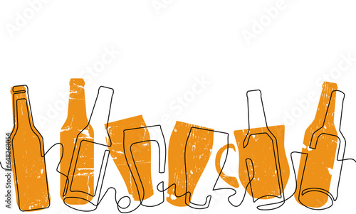 Horizontal seamless pattern with beer bottles and glasses isolated on white background. Vector illustration.