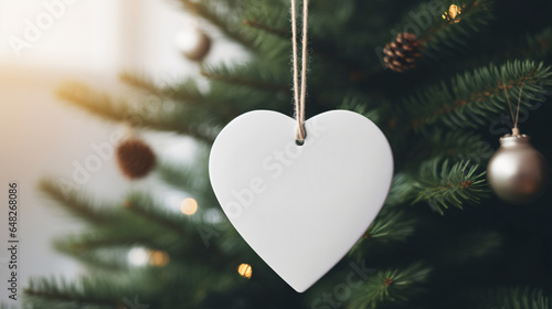 White paper heart hanging on christmas tree with bokeh light background