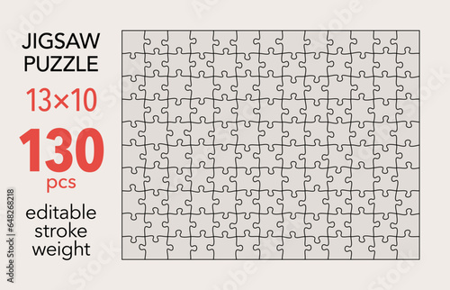 Empty jigsaw puzzle grid template, 13x10 shapes, 130 pieces. Separate matching irregularly elements. Flat vector illustration layout, every piece is a single shape.