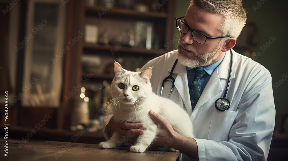 A male veterinarian examines a white cat in the clinic. Concept of caring for and caring for pets. A male veterinarian examines a white cat in the clinic. Concept of caring for and caring for pets.