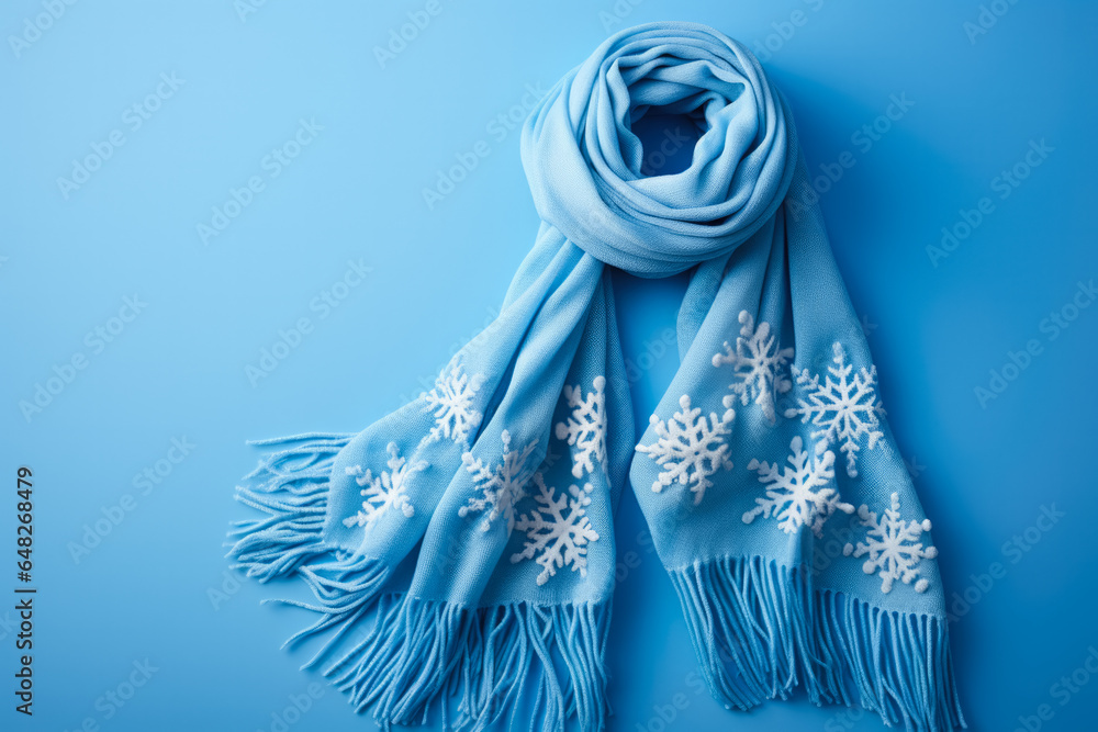 Abstract snowflake design on cashmere scarf isolated on a vibrant turquoise gradient background 