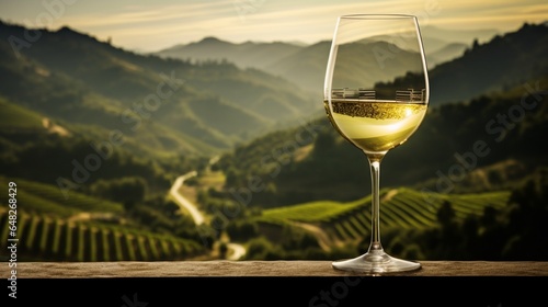 a mesmerizing image of a wine glass capturing the pour of a Sauvignon Blanc against a backdrop of rolling hills