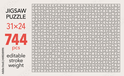 Empty jigsaw puzzle grid template, 31x24 shapes, 744 pieces. Separate matching irregularly elements. Flat vector illustration layout, every piece is a single shape.