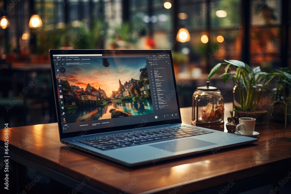 A horizontal photograph of a modern workspace with a laptop and creative design A horizontal photograph of a modern workspace with a laptop and creative design