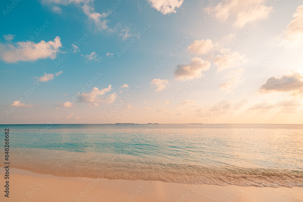 Best sea beach sky closeup colorful sunset. Panoramic majestic landscape. Tropical paradise beaches Mediterranean seascape. Blue gold sunshine sunlight soft sand waves calmness summer tranquil inspire