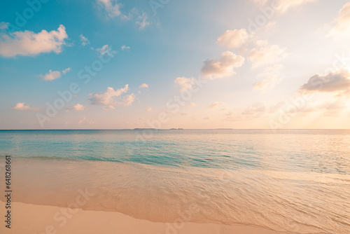 Closeup waves splash sea sand beach. Panoramic fantastic travel landscape. Inspire tropical seascape horizon. Majestic sunset sky peaceful tranquil relaxation sunshine summer. Amazing vacation island