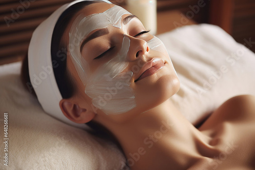 Spa therapy for woman receiving facial mask in beauty studio