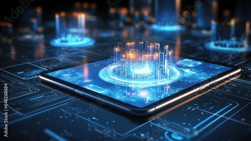 Smartphone with financial graph hologram on screen.