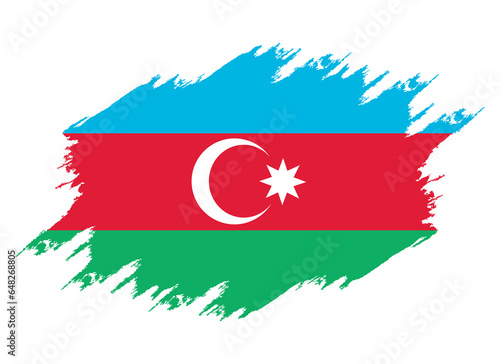 Painted with brush flag Azerbaijan. Grunge flag Azerbaijan. Watercolor drawing national flag Azerbaijan. Independence Day. Banner, poster template. National flag Azerbaijan with coat arms.