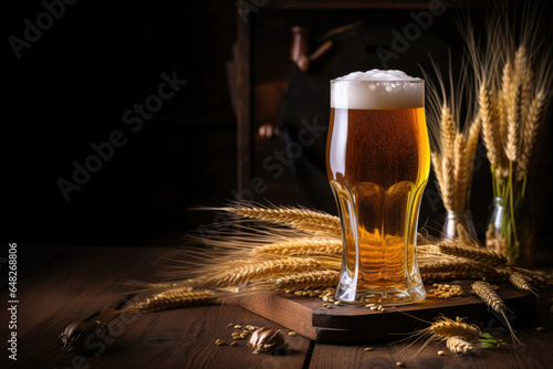A glass of beer on a background of hops and grains on a dark background.