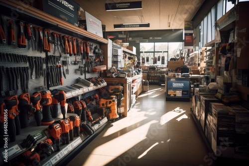 A local hardware store aisle filled with a variety of hammers, set against the backdrop of a bustling, sunlit store on a busy weekend morning