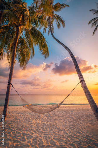 Best most amazing travel landscape. Wellbeing inspire sunset beach leisure hammock coconut palm tree. Fantastic sea sky horizon. Amazing tropical panoramic vacation island tranquil peace coast sunrise