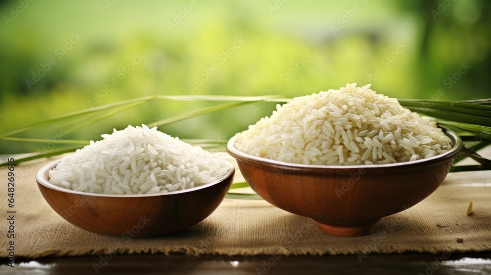 Raw white rice in two bowls on a wooden table Raw white rice in two bowls on a wooden table