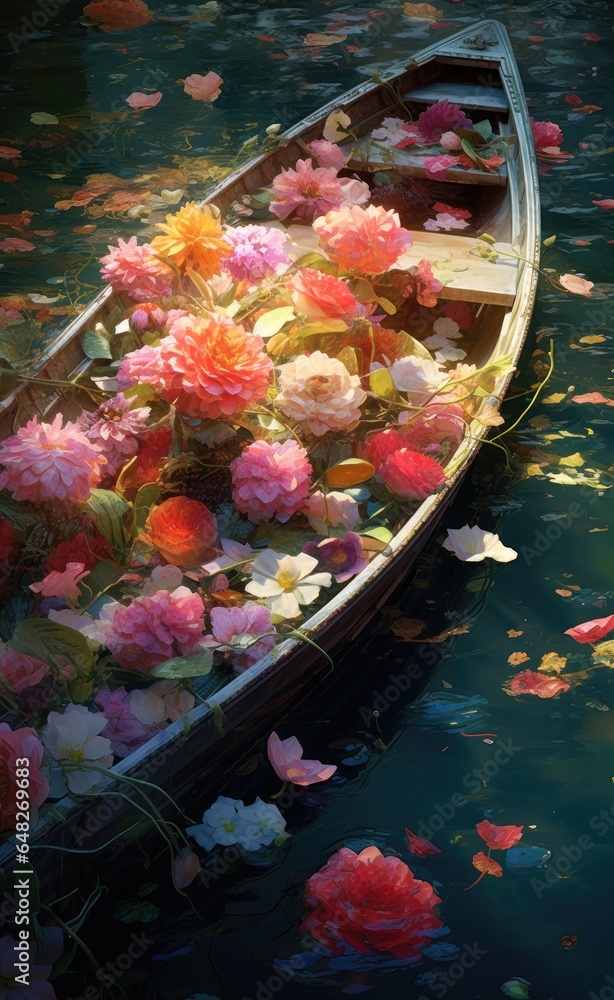Obraz premium A vibrant floral boat floating on calm water
