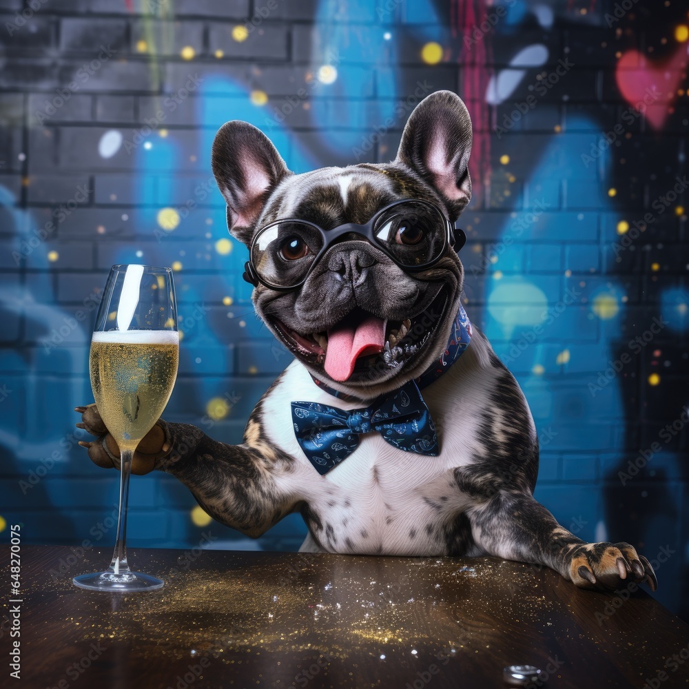 A dapper dog celebrating with a glass of champagne and a stylish bow tie