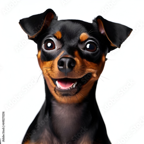 Miniature Brown, Black, Tan, & Red German Pinscher Pet Shop Puppy Dog Head Wide Awake Smiling & Looking Happy Sitting Up Straight on isolated background. Smart & Cute Pincher with Uncropped Funny Ears