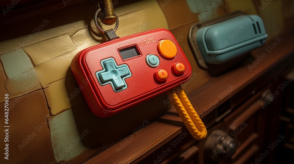 a retro arcade key with a joystick-shaped keychain in a gaming den door