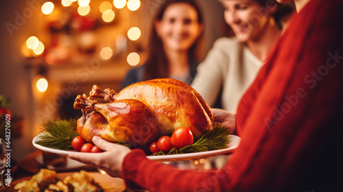 Turkey for thanksgiving, holding a plate family meal, roasted chicken, christmas lights in the background, sharing a meal, fireplace, homemade family dish, grilled poultry, christmas meal, lunch, food