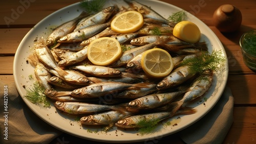 a white plate with perfectly fried vendace fishes arranged neatly beside a fresh slice of lemon. Capture the essence of this beloved Finnish delicacy.