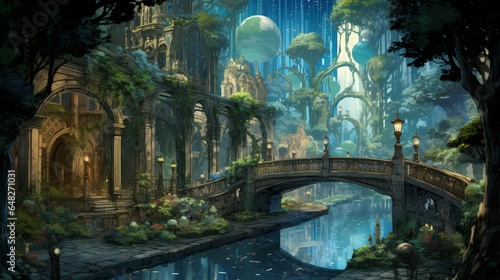 a serene and enchanting depiction of an urban oasis in the midst of a bustling city