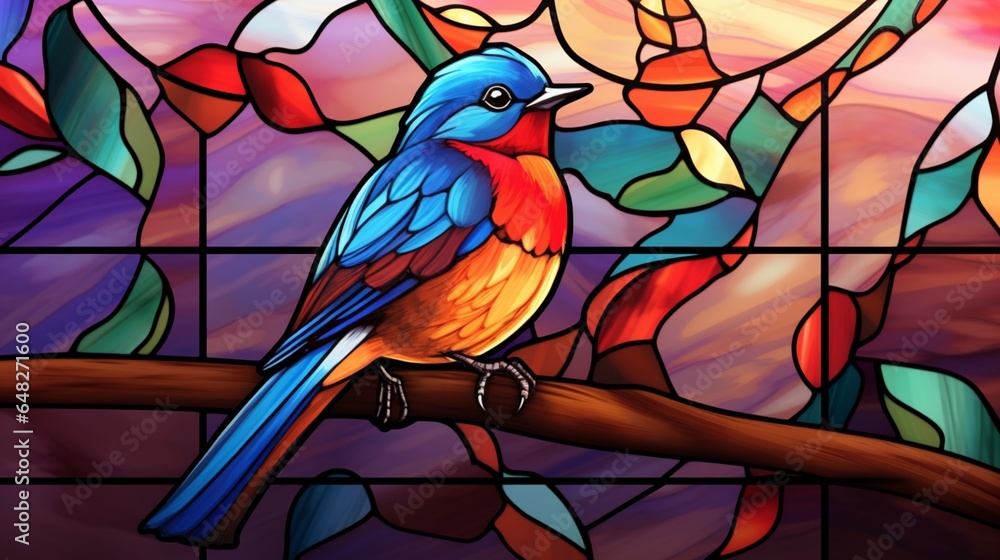 a stained glass-inspired image of a songbird perched on a church window