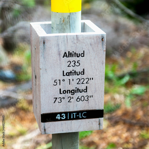 Sign Of Geographic Coordinates, Torres Del Paine National Park; Torres Del Paine, Magallanes And Antartica Chilena Region, Chile photo