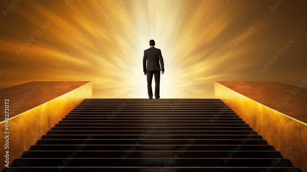 determined businessman, impeccably dressed, ascending a set of stairs with purpose and confidence. determined businessman, impeccably dressed, ascending a set of stairs with purpose and confidence.