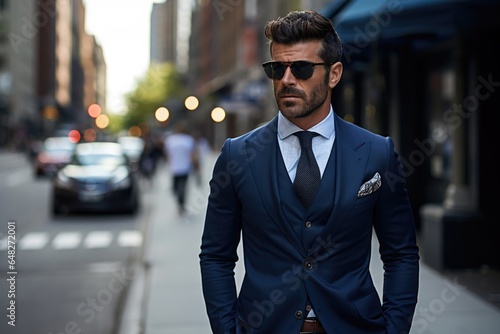 A stylish man in a suit and sunglasses on a bustling city street © pham