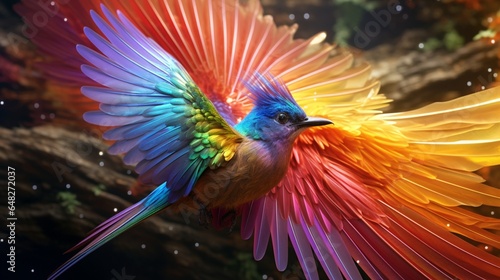 a surreal image of a songbird with iridescent feathers blending into a rainbow