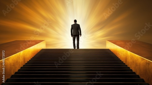 determined businessman, impeccably dressed, ascending a set of stairs with purpose and confidence.