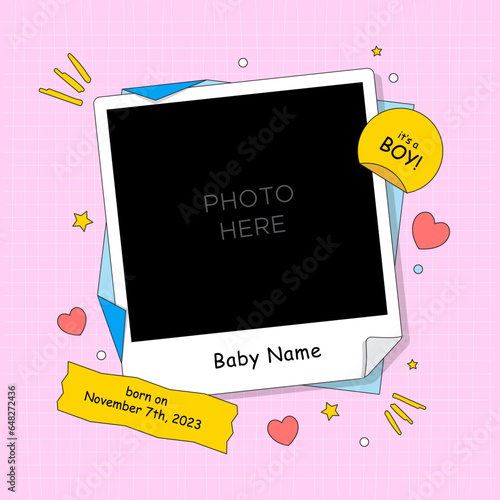 Baby born photo frame with scrapbook in modern vector background