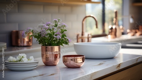 beautiful modern copper pun closeup in white blurred kitchen