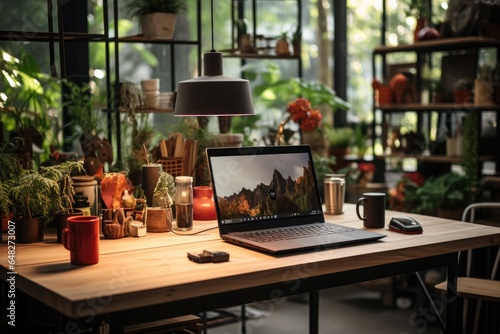 A horizontal photograph of a modern workspace with a laptop and creative design