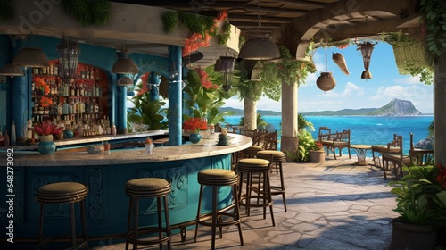 a visually striking depiction of a tropical cocktail bar with refreshing drinks and ocean views