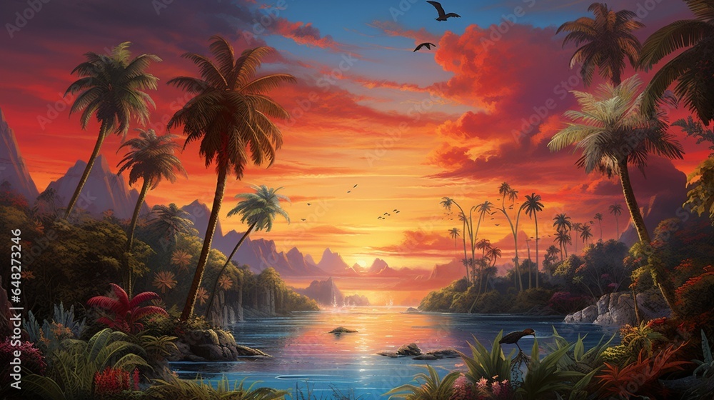 a visually striking depiction of a tropical paradise at sunset, with vibrant colors in the sky