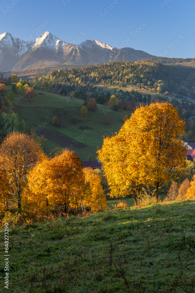 Mountain landscape, Tatra mountains panorama, colorful autumn view from Osturnia village, Slovakia.