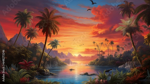 a visually striking depiction of a tropical paradise at sunset  with vibrant colors in the sky