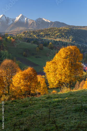 Fototapeta Naklejka Na Ścianę i Meble -  Mountain landscape, Tatra mountains panorama, colorful autumn view from Osturnia village, Slovakia.
