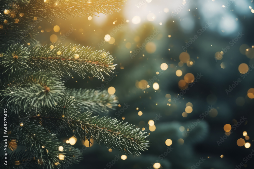 Christmas tree with blurred bokeh festive fairy lights